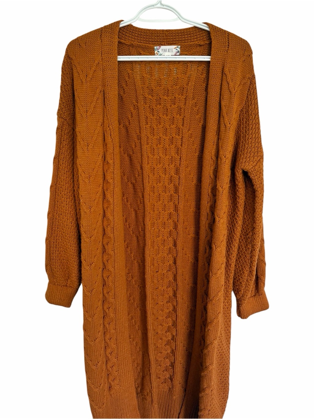 Pink Rose Long Cable Knit Open Cardigan - Rust Orange